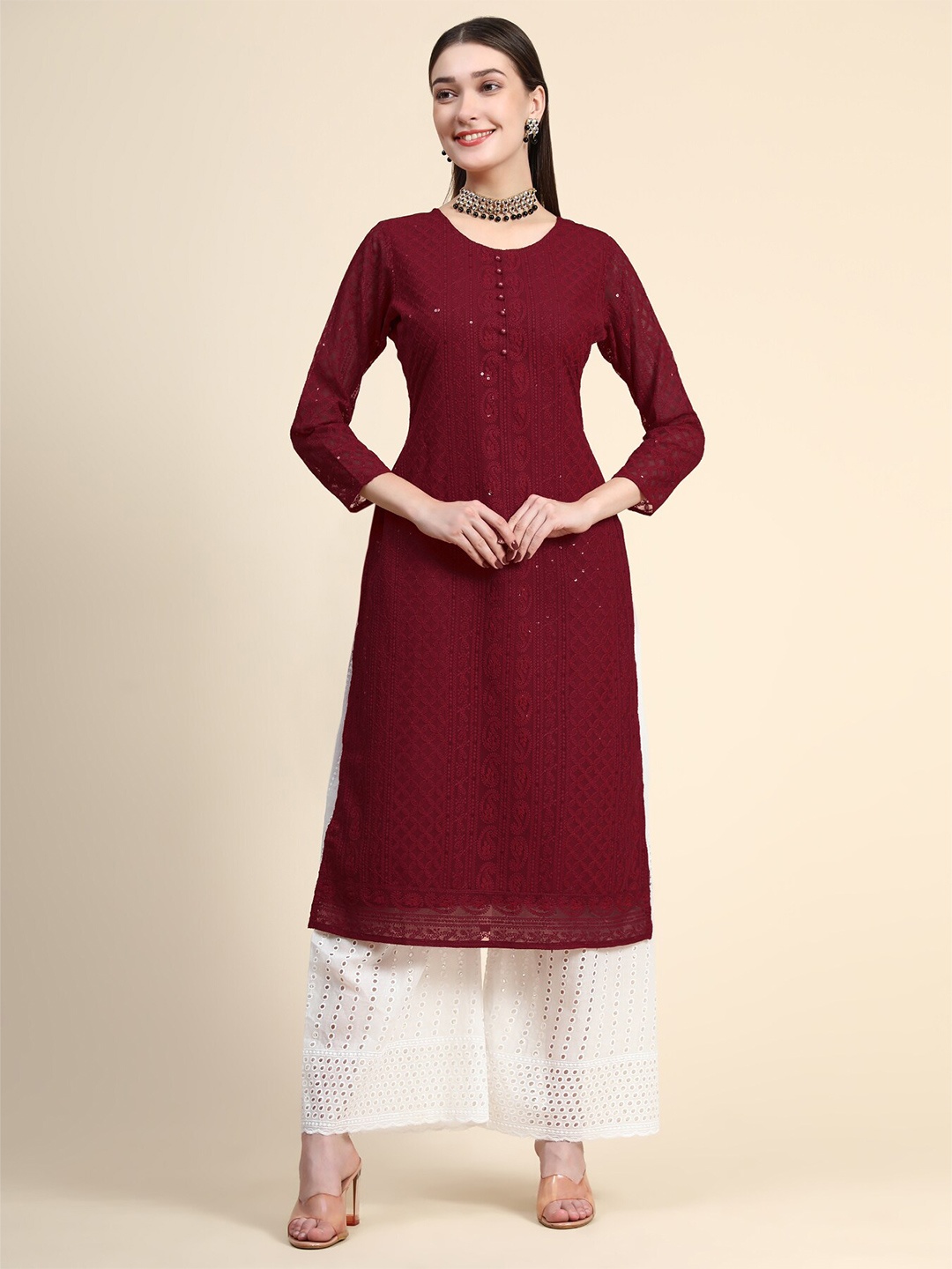 

KALINI Paisley Embroidered Chikankari Georgette Straight Regular Kurta, Maroon