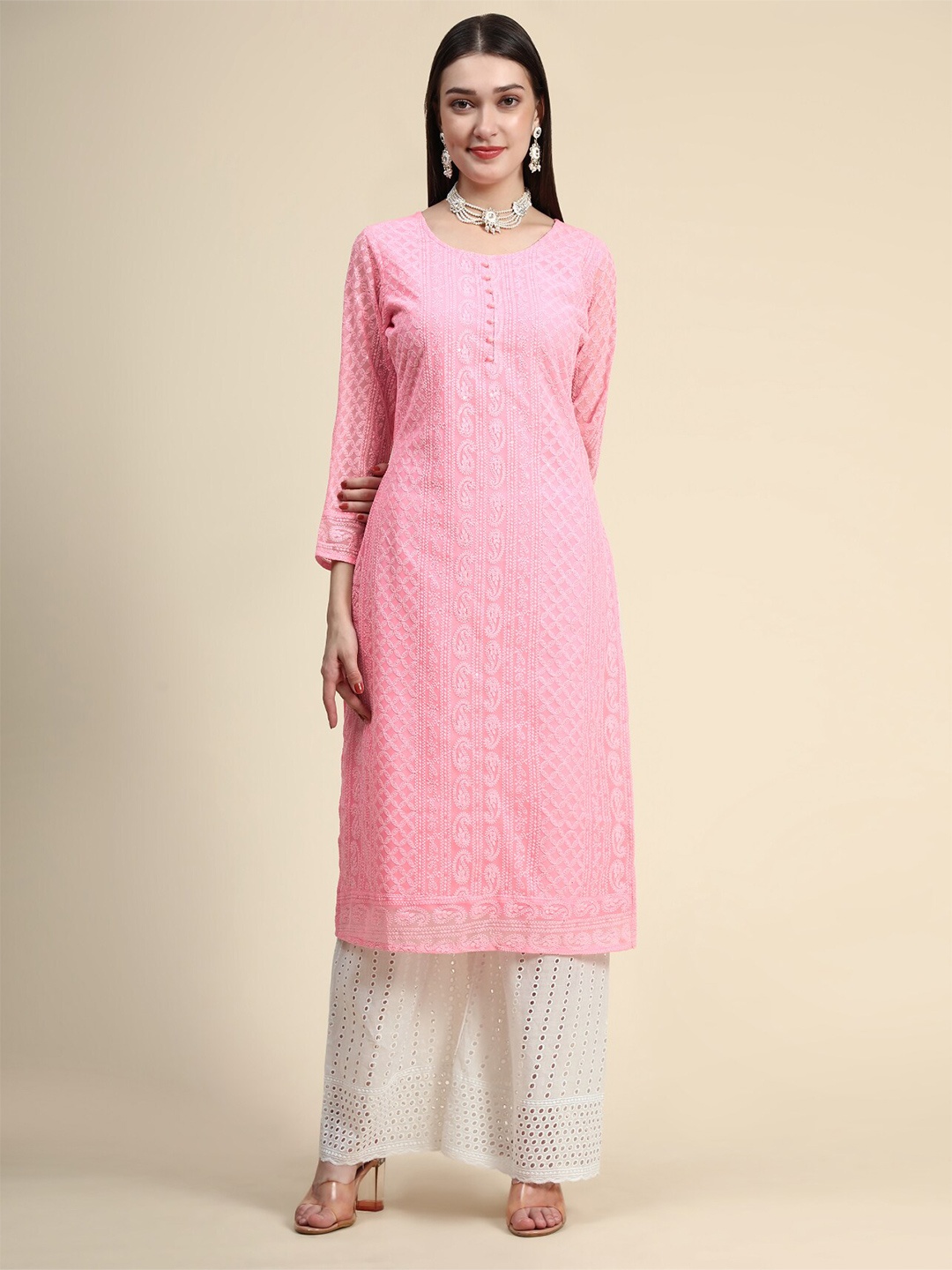 

KALINI Paisley Embroidered Chikankari Straight Georgette Kurta, Pink