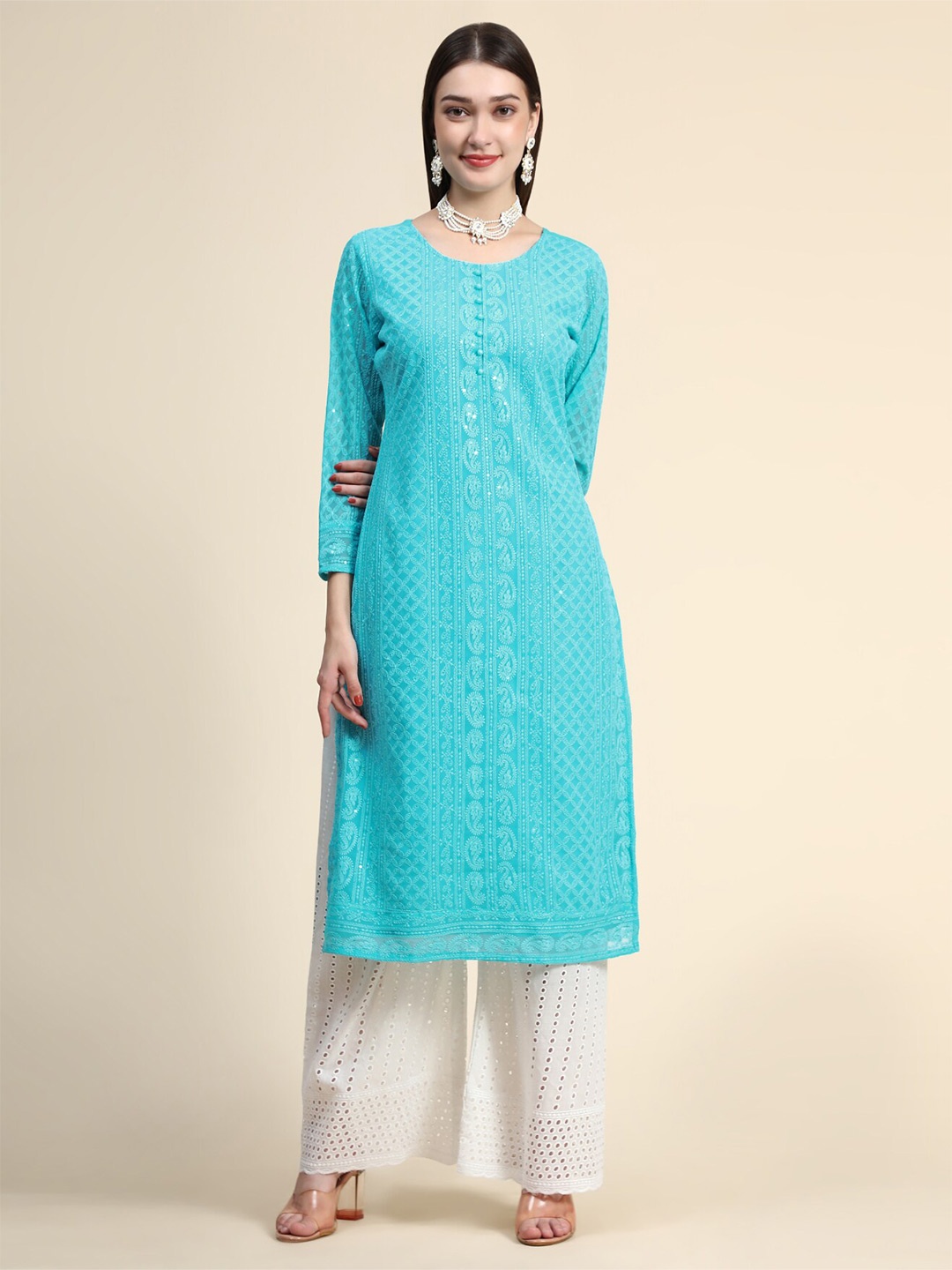 

KALINI Ethnic Motifs Embroidered Chikankari Georgette Kurta, Blue