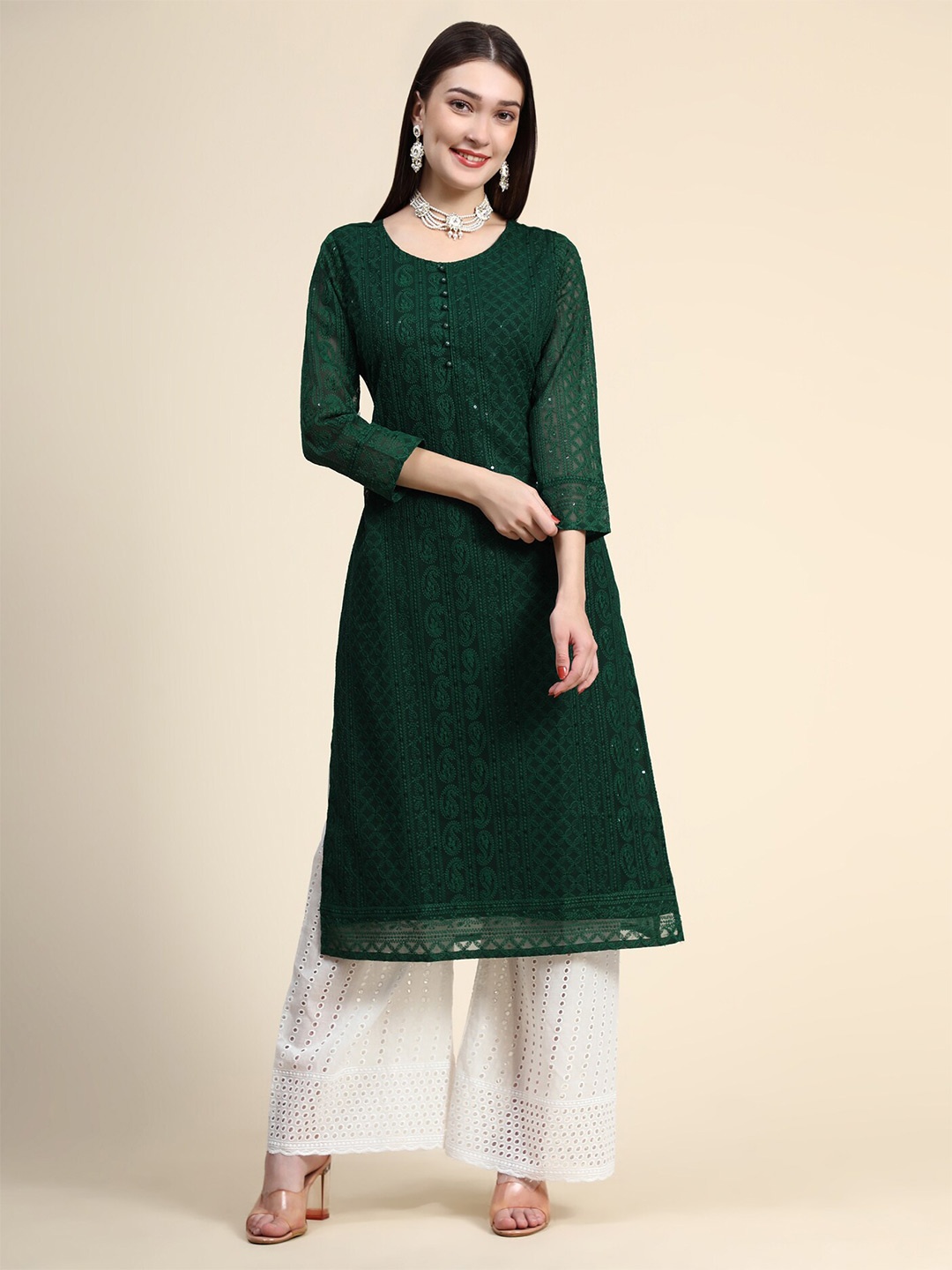 KALINI Paisley Embroidered Chikankari Straight Kurta, Green