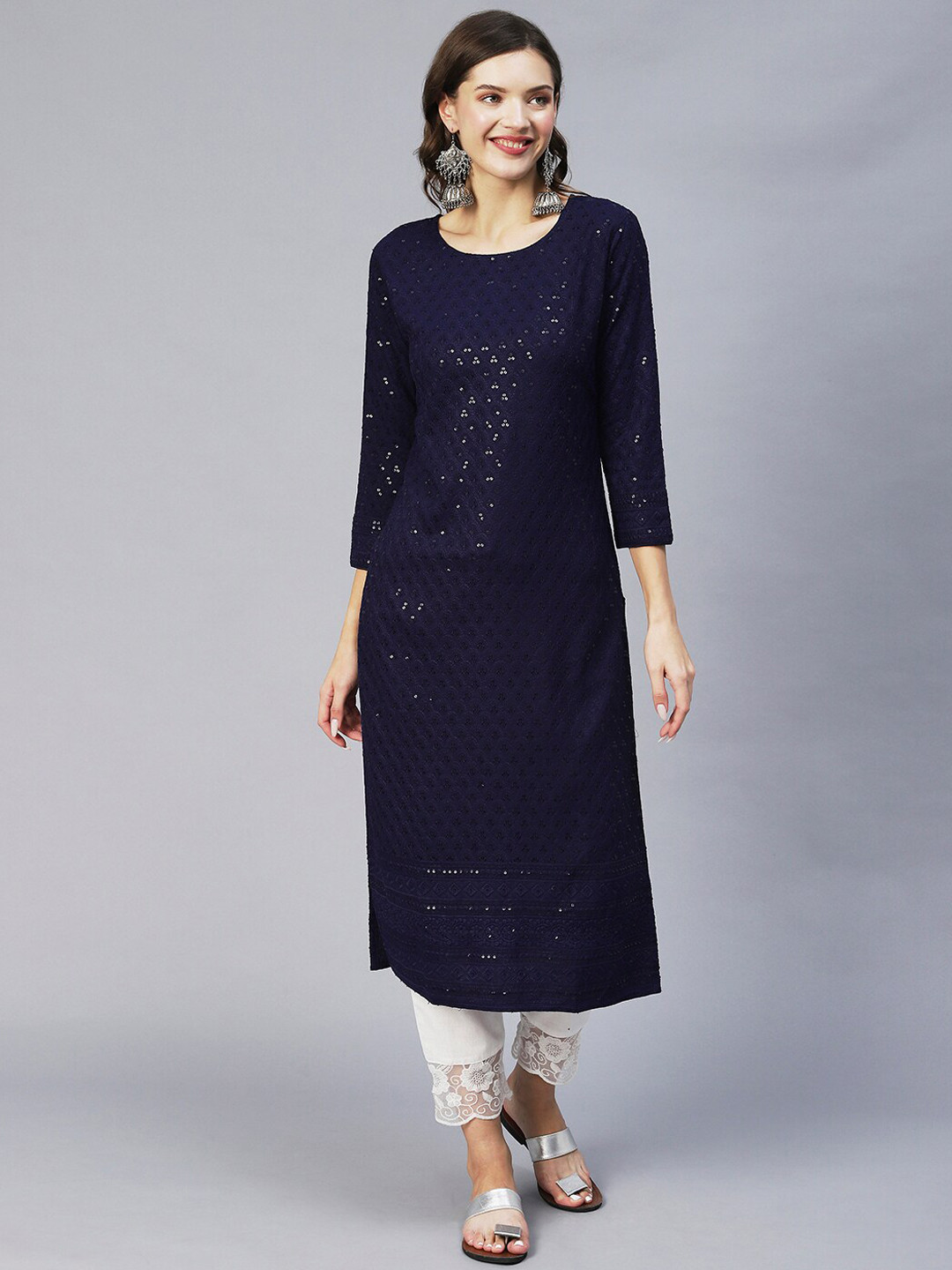 

POONAM DESIGNER Women Navy Blue Ethnic Motifs Embroidered Thread Work Kurta