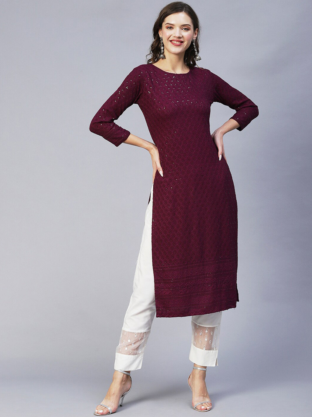 

POONAM DESIGNER Women Purple Ethnic Motifs Flared Sleeves Kurta