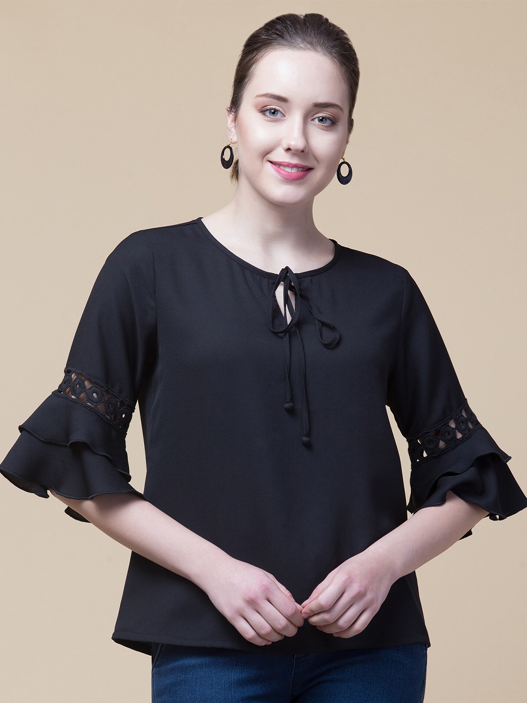 

Hive91 Black Tie-Up Neck Georgette Top