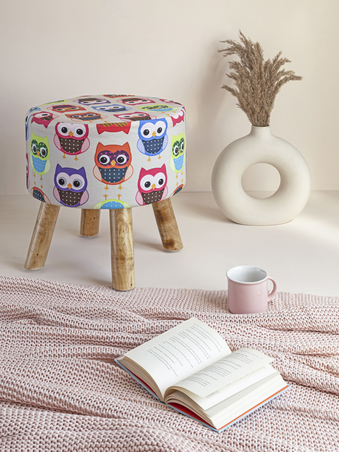 

Clasiko Cream & Red Printed Ottoman With Wooden Legs