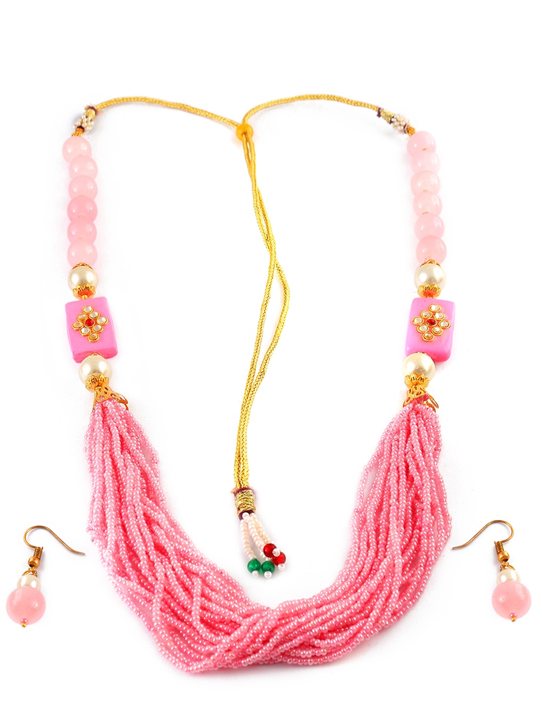 

Jewar Mandi Pink Multi Strand Stone-Studded & beaded Jewellery Set