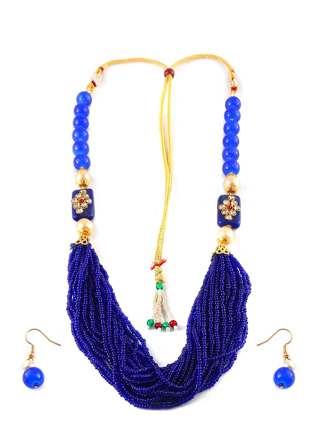 

Jewar Mandi Gold-Plated Blue & White Kundan Studded & Pearls Beaded Jewellery Set