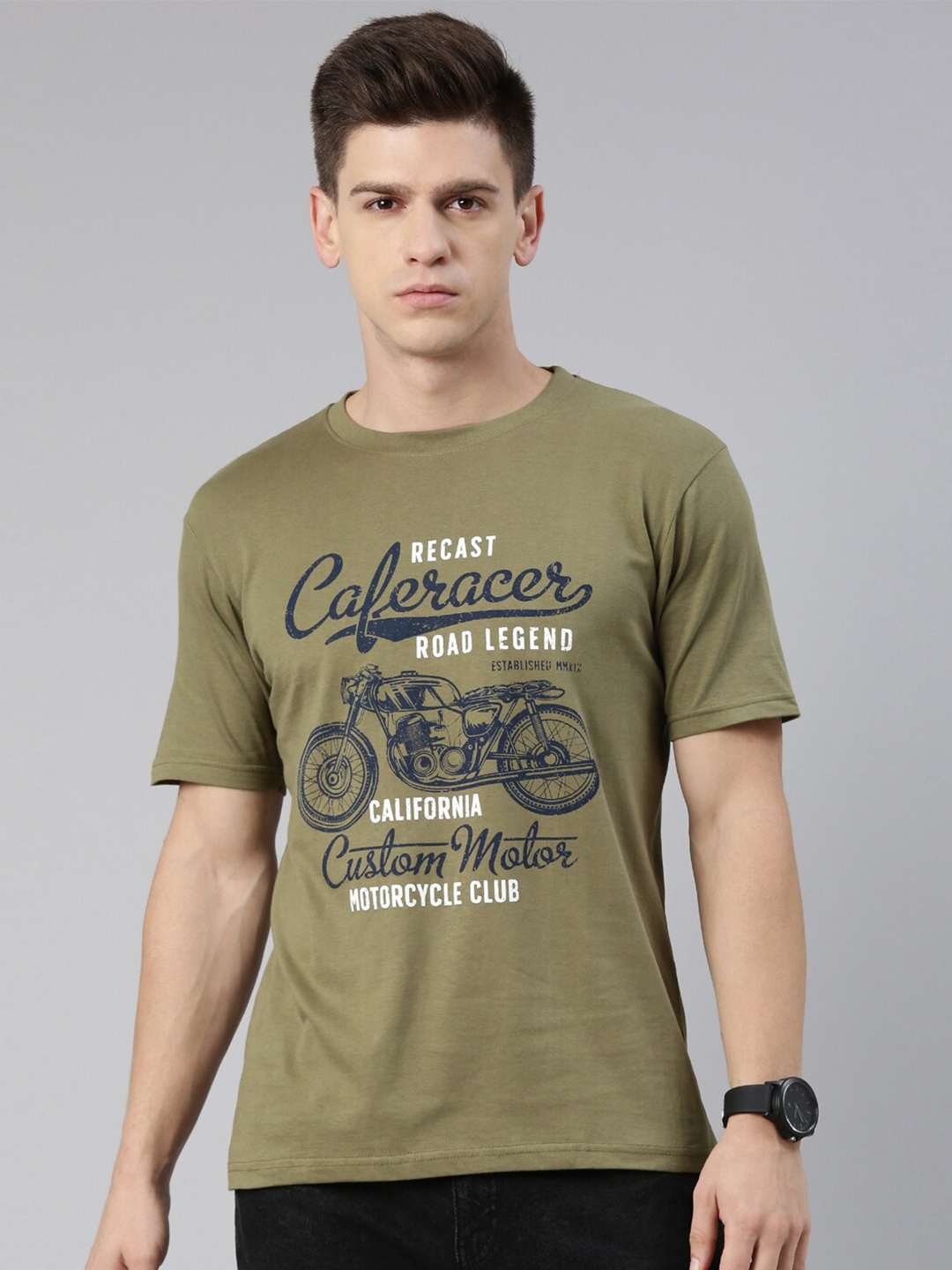 

recast Men Olive Green Typography Printed Bio Finish Cotton T-shirt