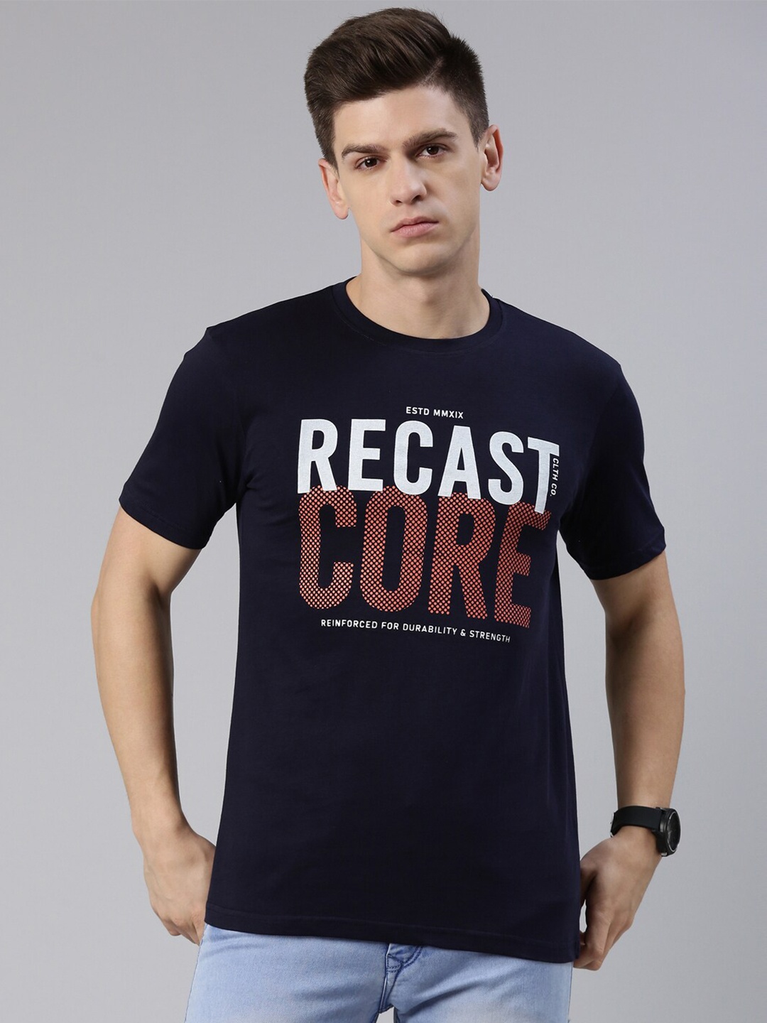 

recast Men Navy Blue Typography Printed Pure Cotton T-shirt