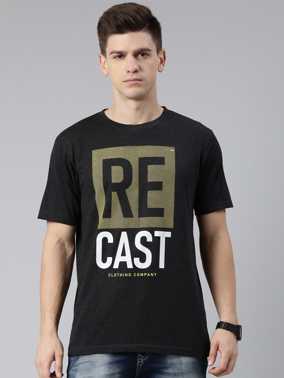 

recast Men Charcoal Typography Printed T-shirt