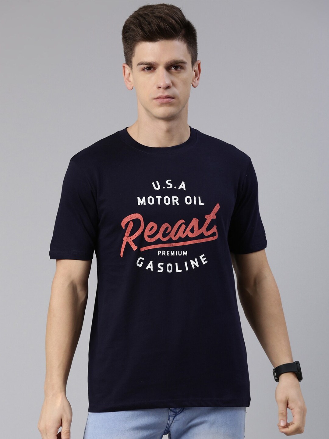 

recast Men Navy Blue Typography Printed Pure Cotton T-shirt