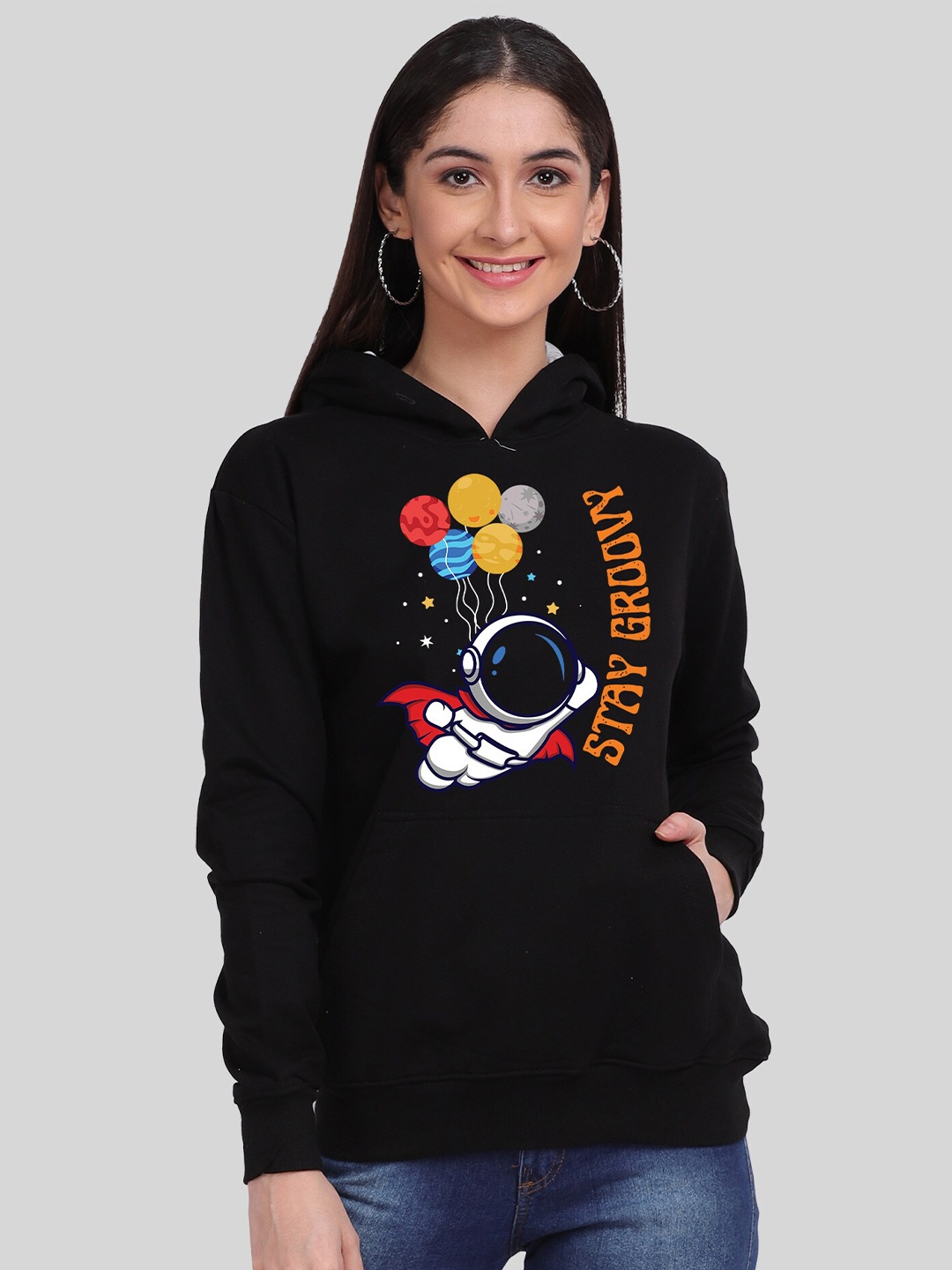 

Mad Over Print Women Black Printed Hooded Sweatshirt