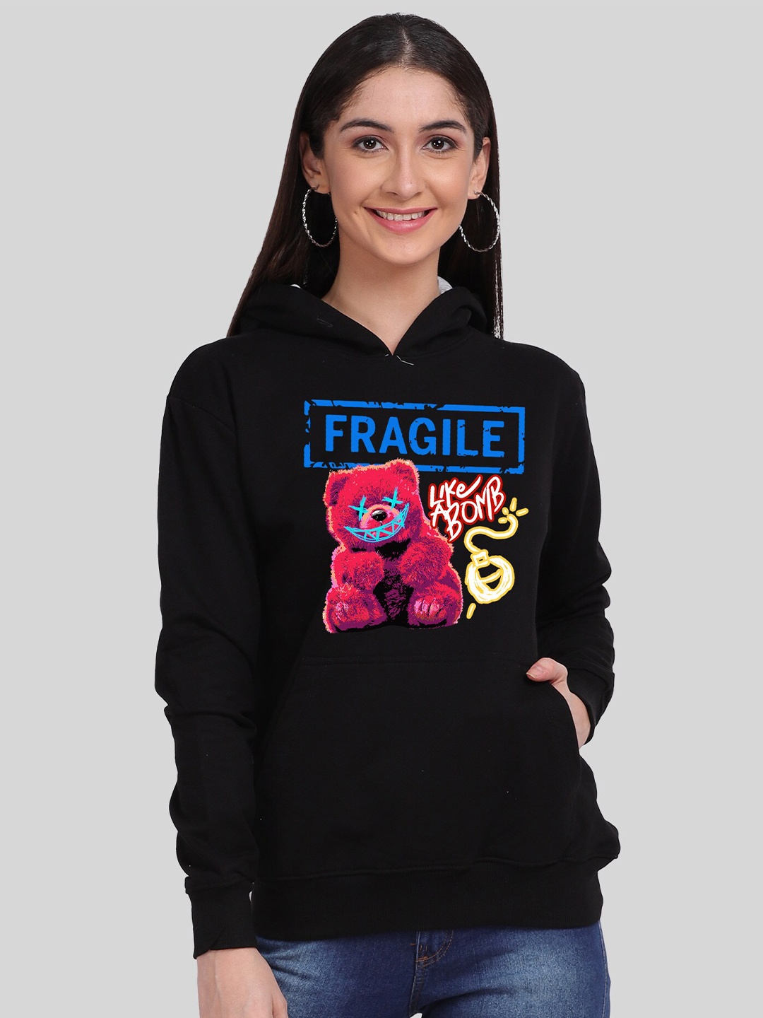 

Mad Over Print Women Black Printed Hooded Sweatshirt