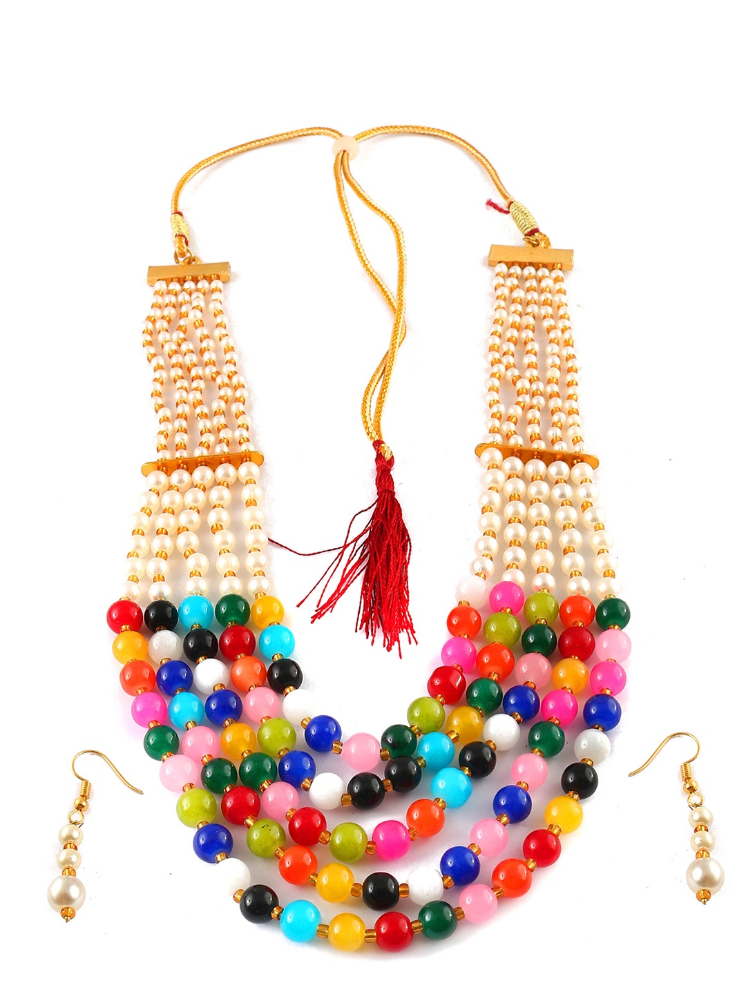 

Jewar Mandi Gold-Plated Blue & Red Pearls Beaded Jewellery Set