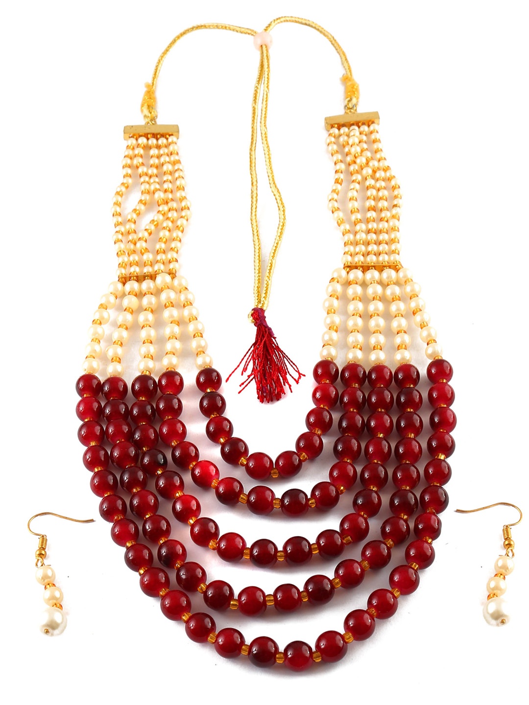 

Jewar Mandi Gold-Plated Maroon & White Pearls Studded & Beaded Jewellery Set