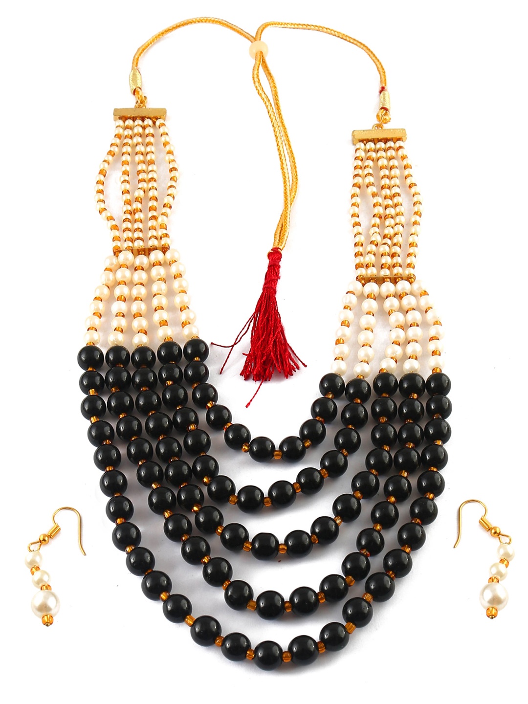 

Jewar Mandi Gold-Plated Black & White Pearls Studded & Beaded Jewellery Set