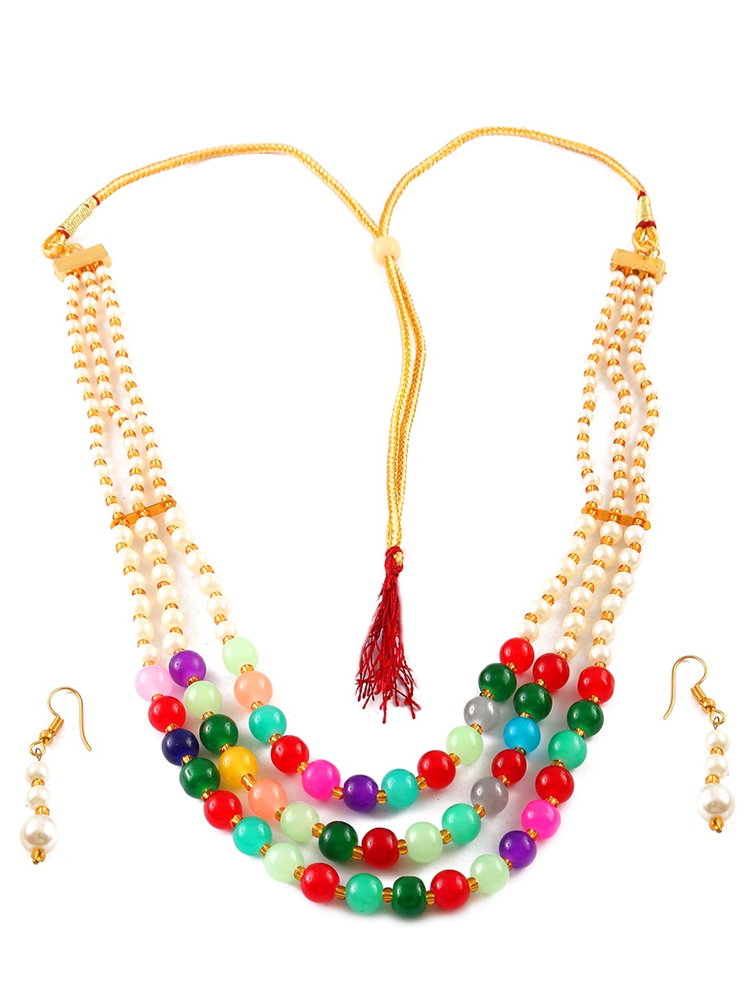 

Jewar Mandi Gold-Plated Green & Pink Pearls Studded & Beaded Jewellery Set