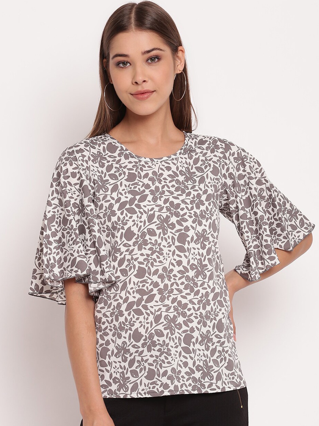 

AKIMIA Women Grey Floral Print Crepe Top