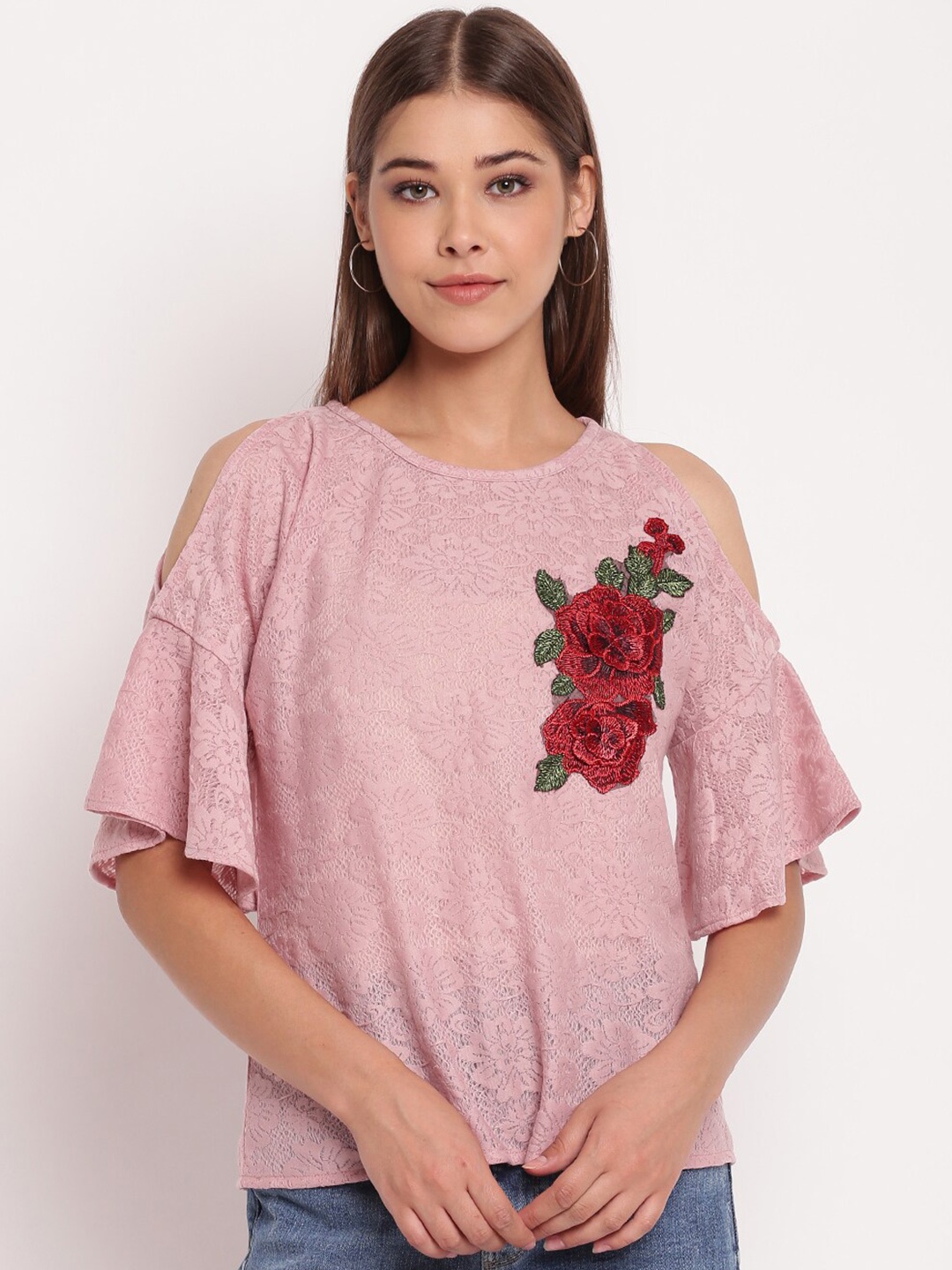 

AKIMIA Women Pink Floral Lace Top