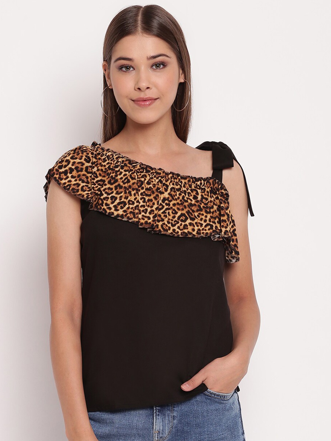 

AKIMIA Women Black Animal Print One Shoulder Top
