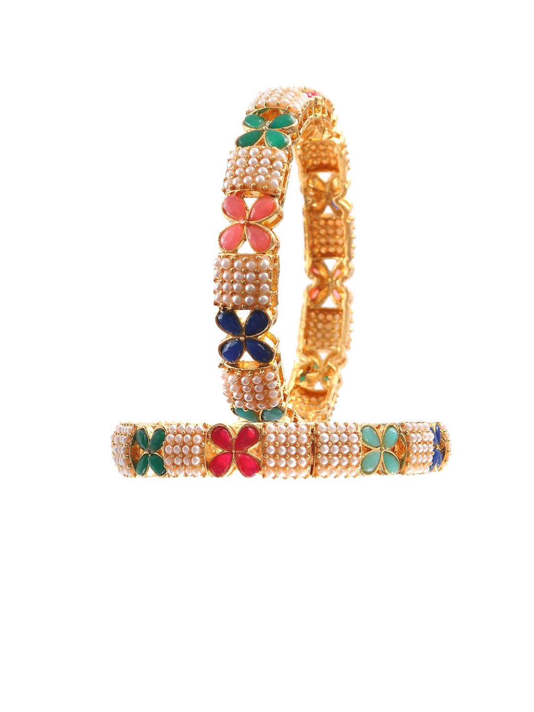 

Jewar Mandi Set Of 2 Gold-Plated Blue & Green Kundan Studded & Pearls Beaded Bangle
