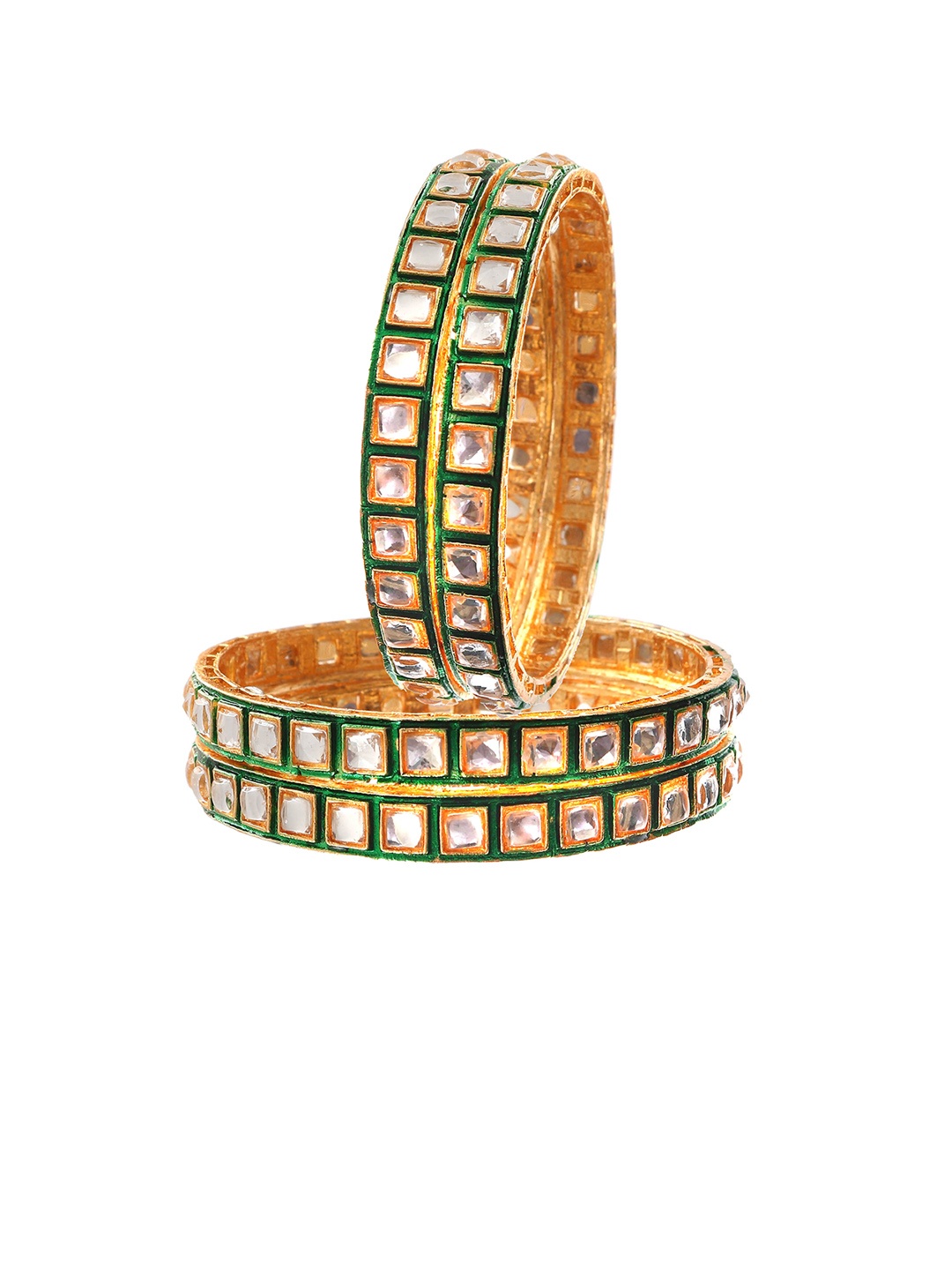 

Jewar Mandi Set Of 2 Gold-Plated Green & White Kundan-Studded Bangles