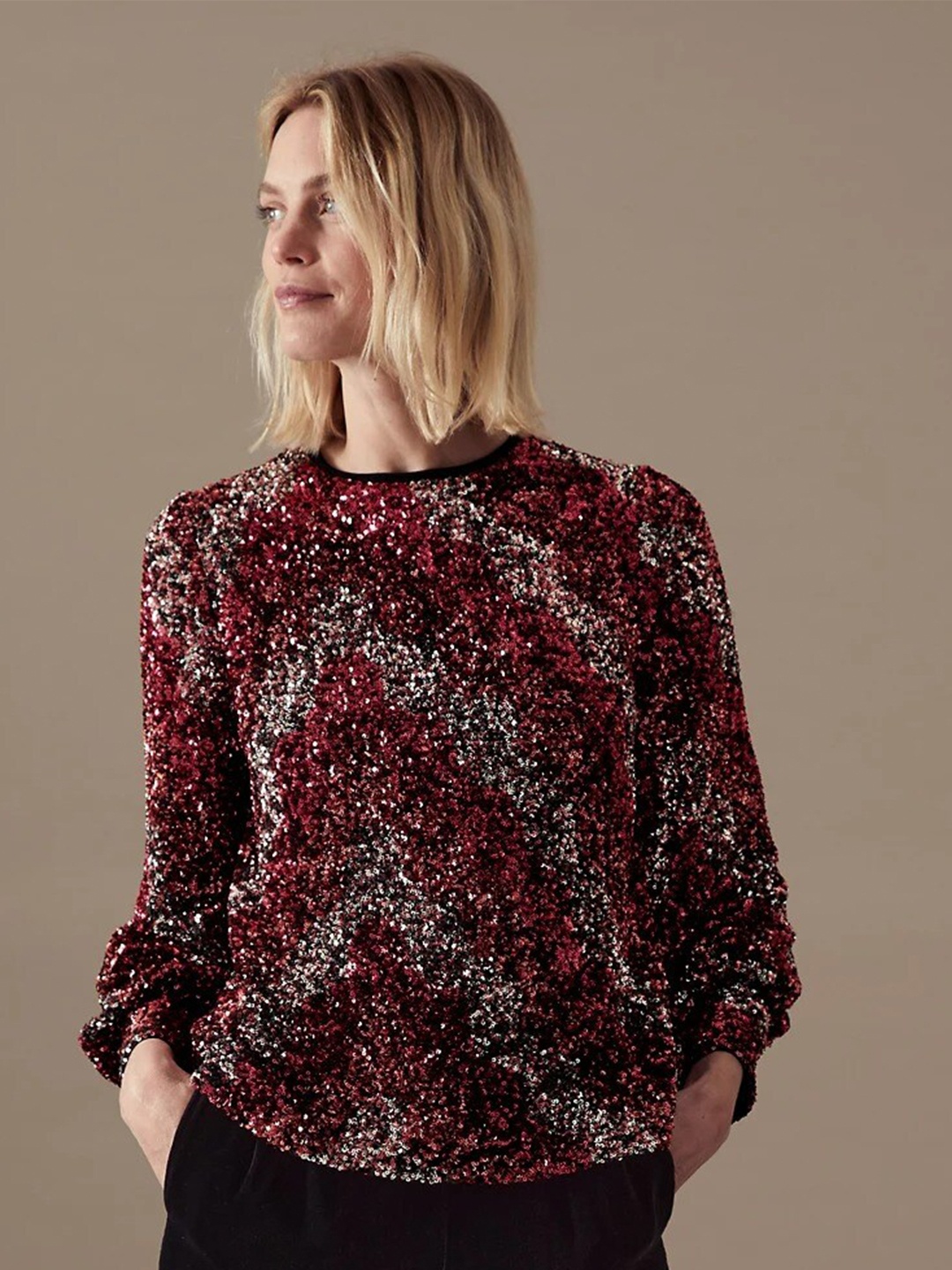 

Marks & Spencer Women Maroon & Black Self Design Top