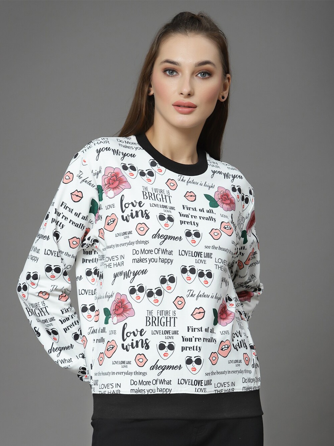 

KASSUALLY Women White Printed Sweatshirt
