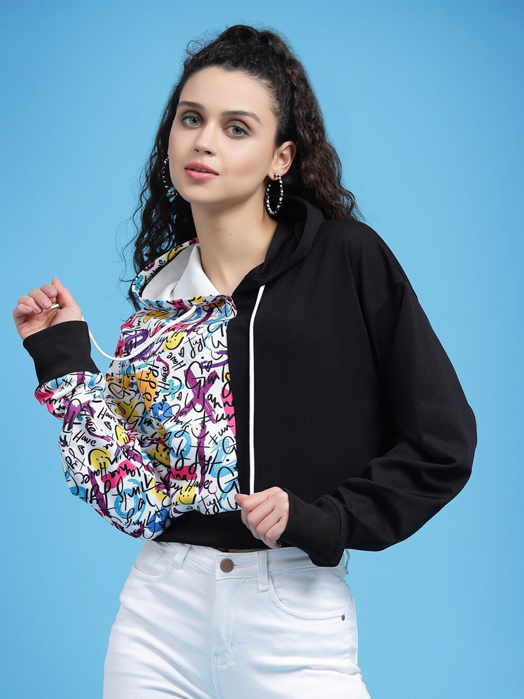 

KASSUALLY Women Black Printed Hooded Sweatshirt