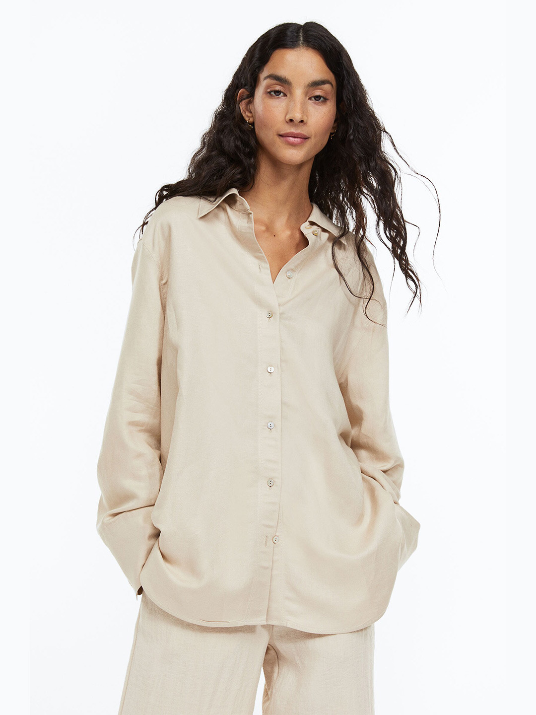 

H&M Women Beige Linen-blend shirt