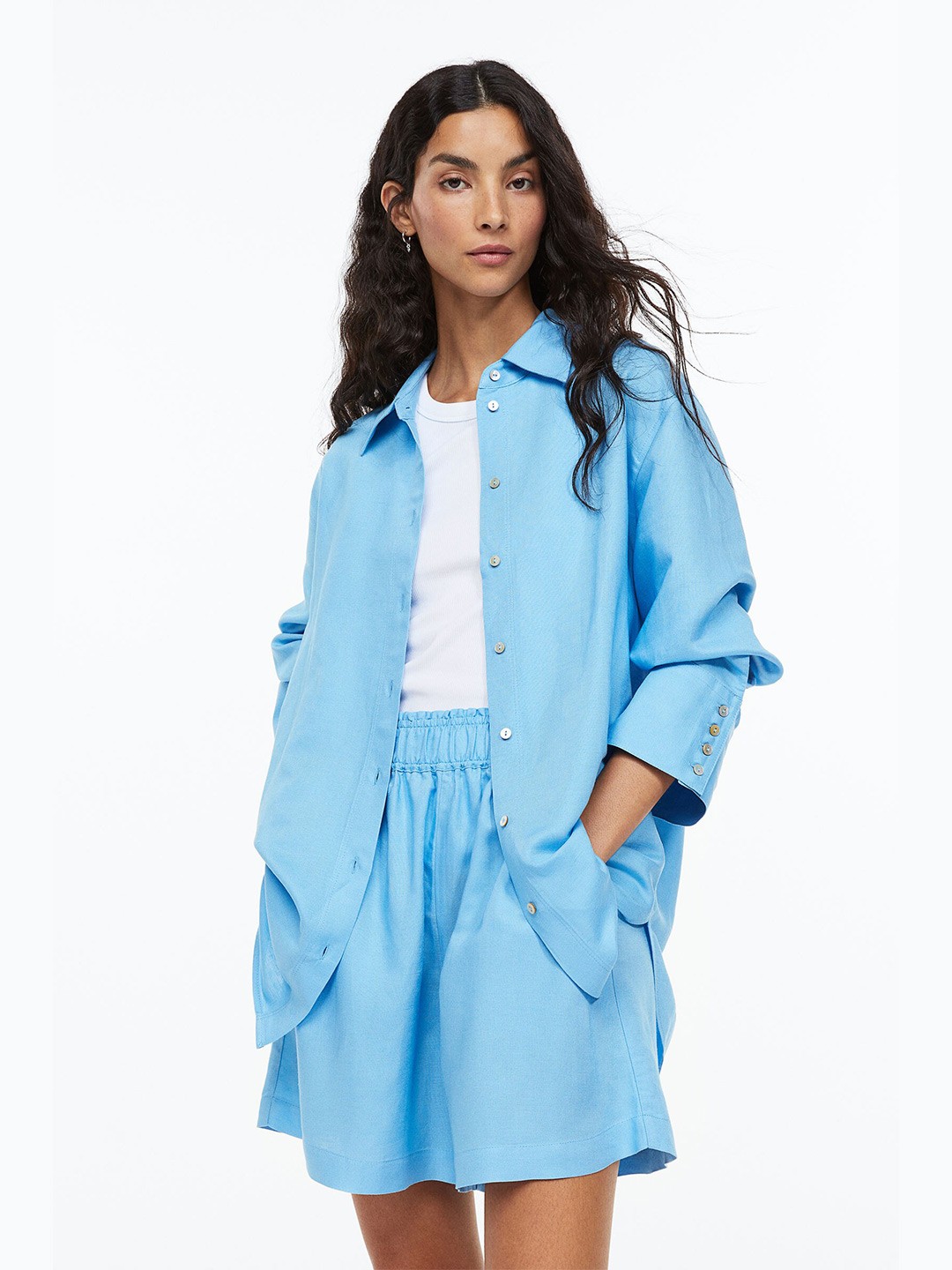 

H&M Women Blue Linen Blend Shirt