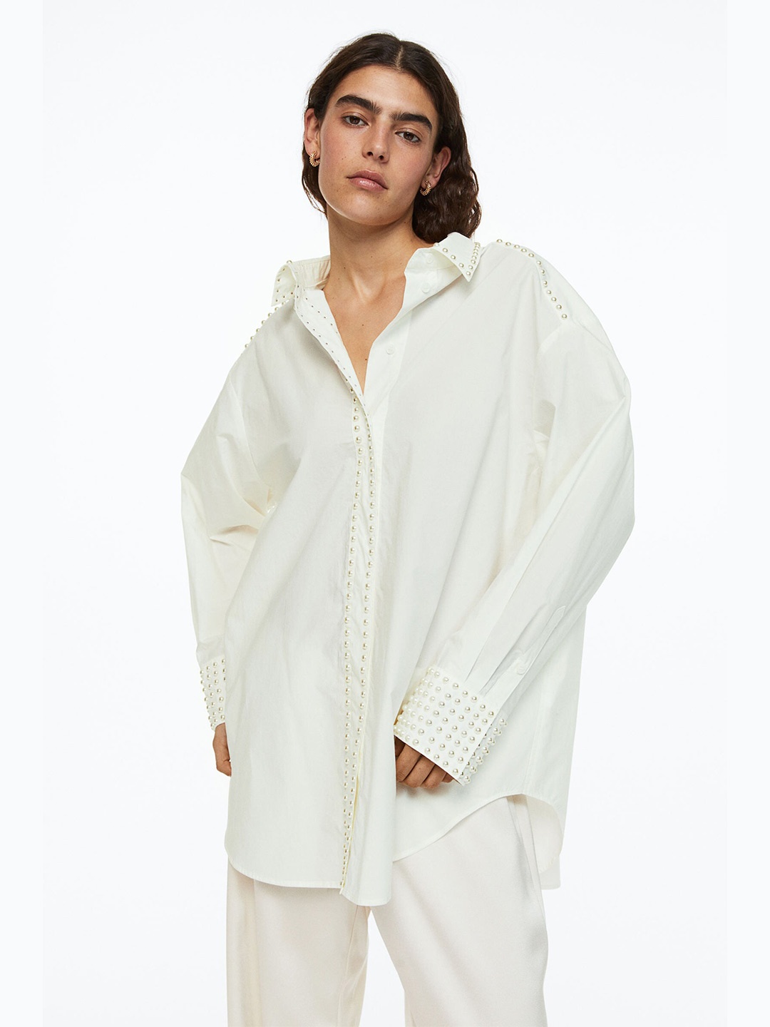 

H&M Women White Oversized Beaded Shirt