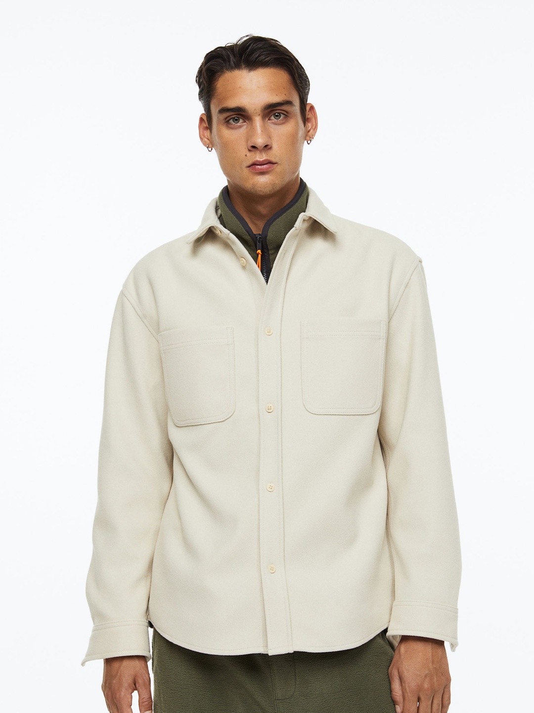 

H&M Men Beige Relaxed Fit Fleece Overshirt