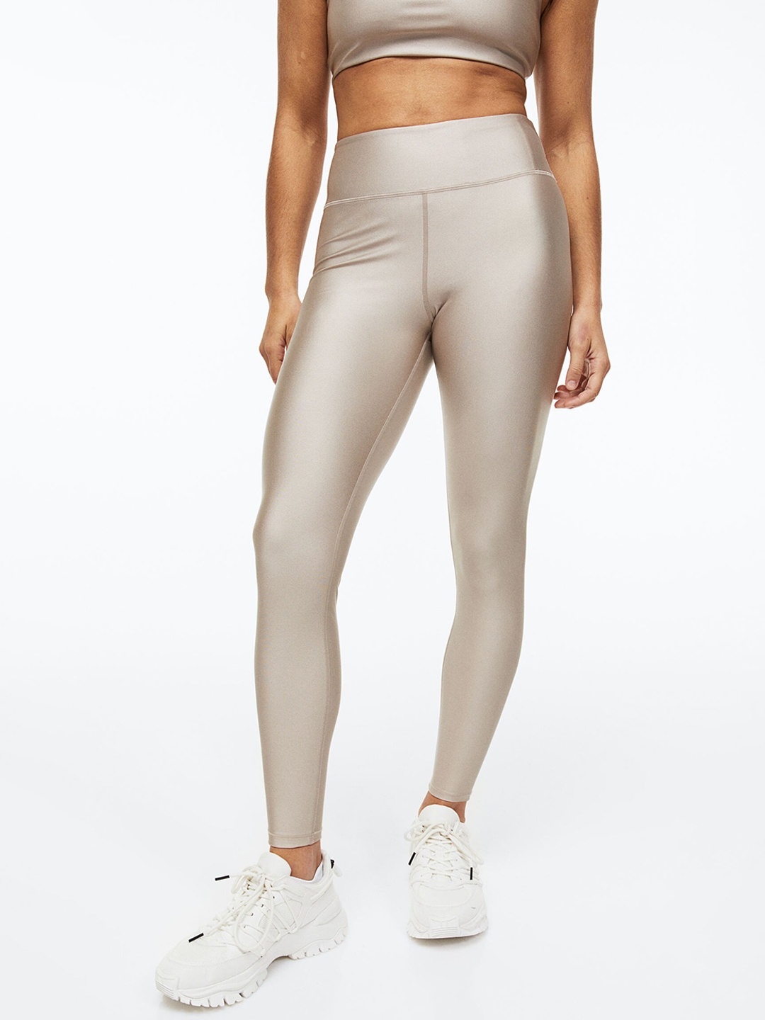 

H&M Women Beige High Shine Sports Tights In DryMove