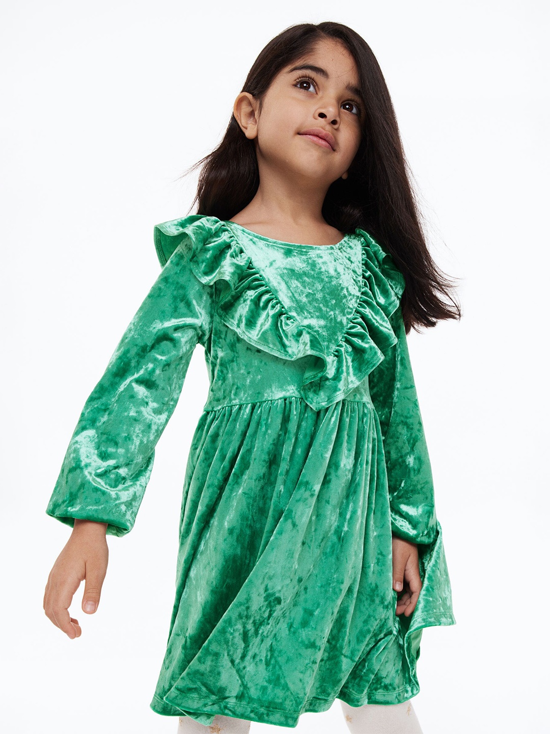 

H&M Girls Green Flounce-Trimmed Velour Dress