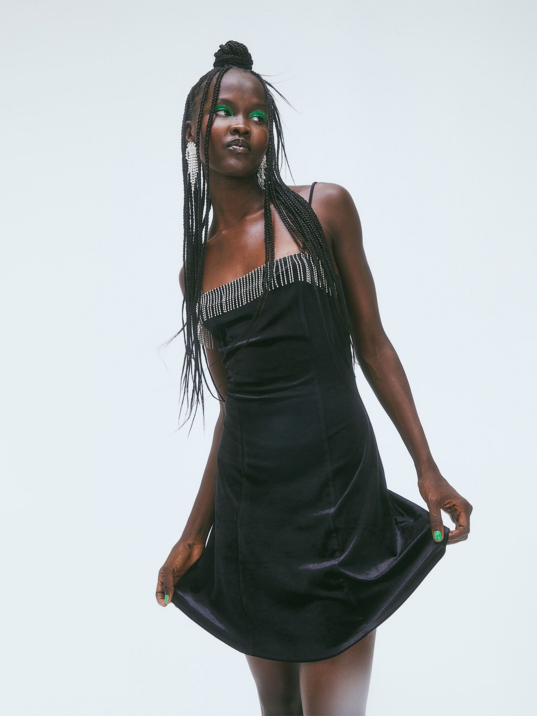 

H&M Women Black Rhinestone-Embellished Velour Dress