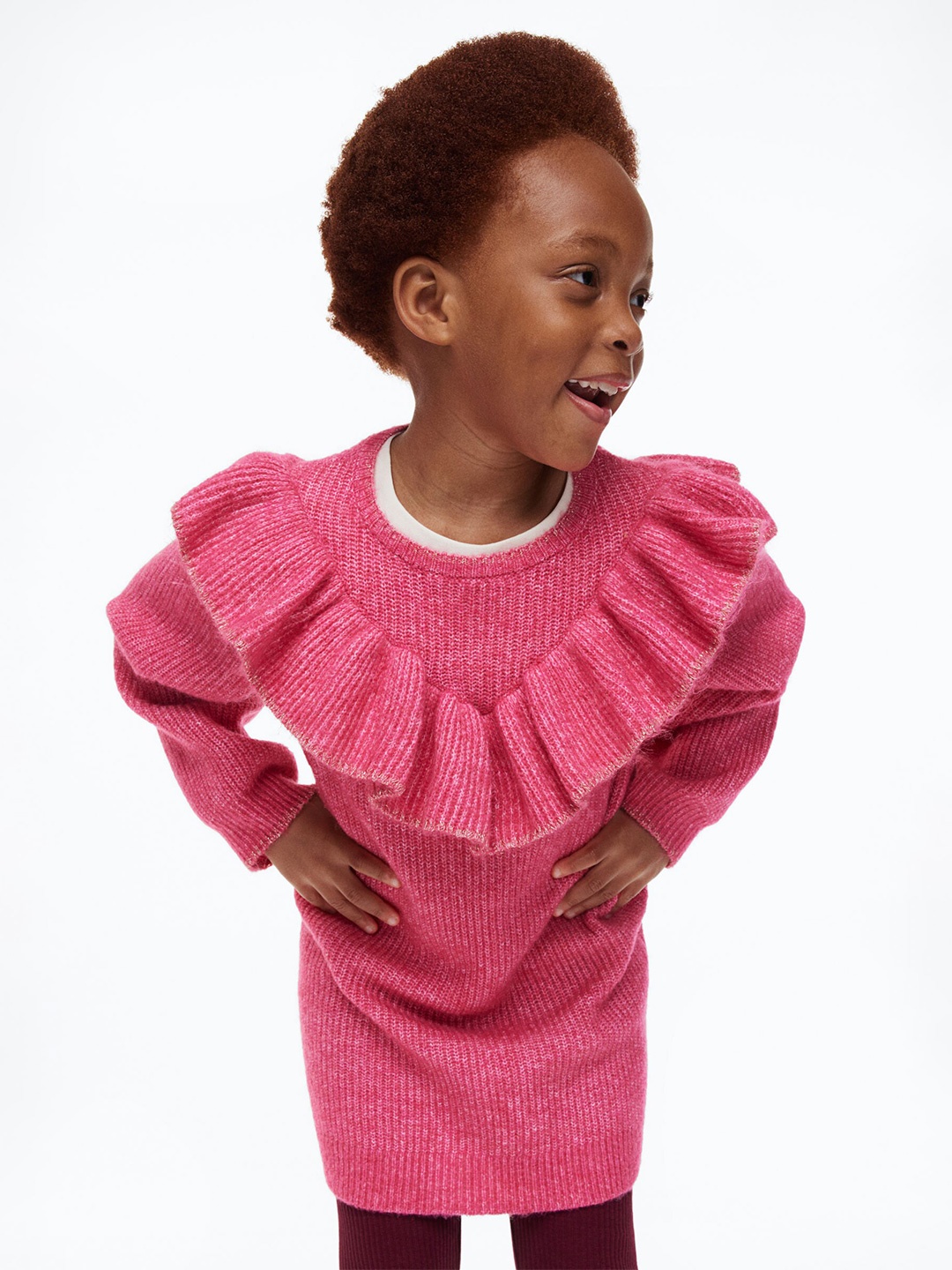 

H&M Girls Pink Flounce-Trimmed Knitted Dress