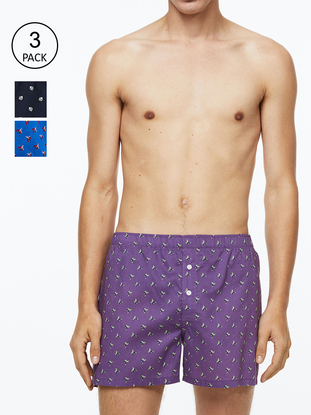 

H&M Men Black & Blue 3-Pack Woven Cotton Boxer Shorts 0652360024