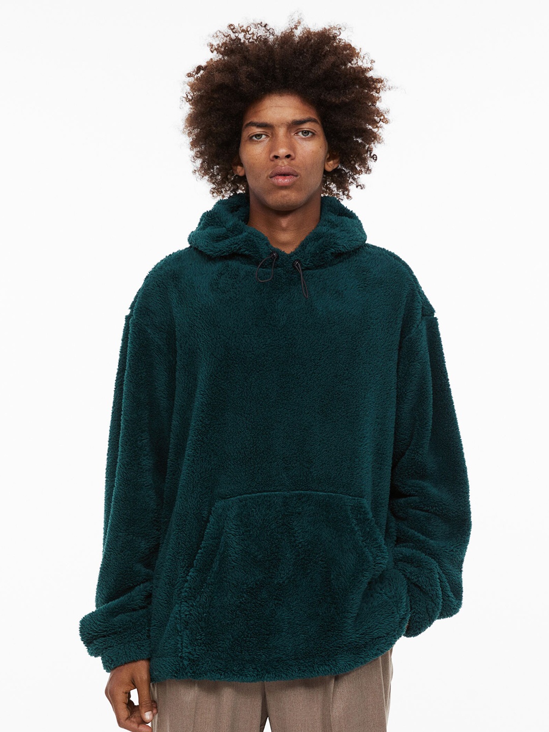 

H&M Men Green Solid Relaxed Fit Pile Hoodie