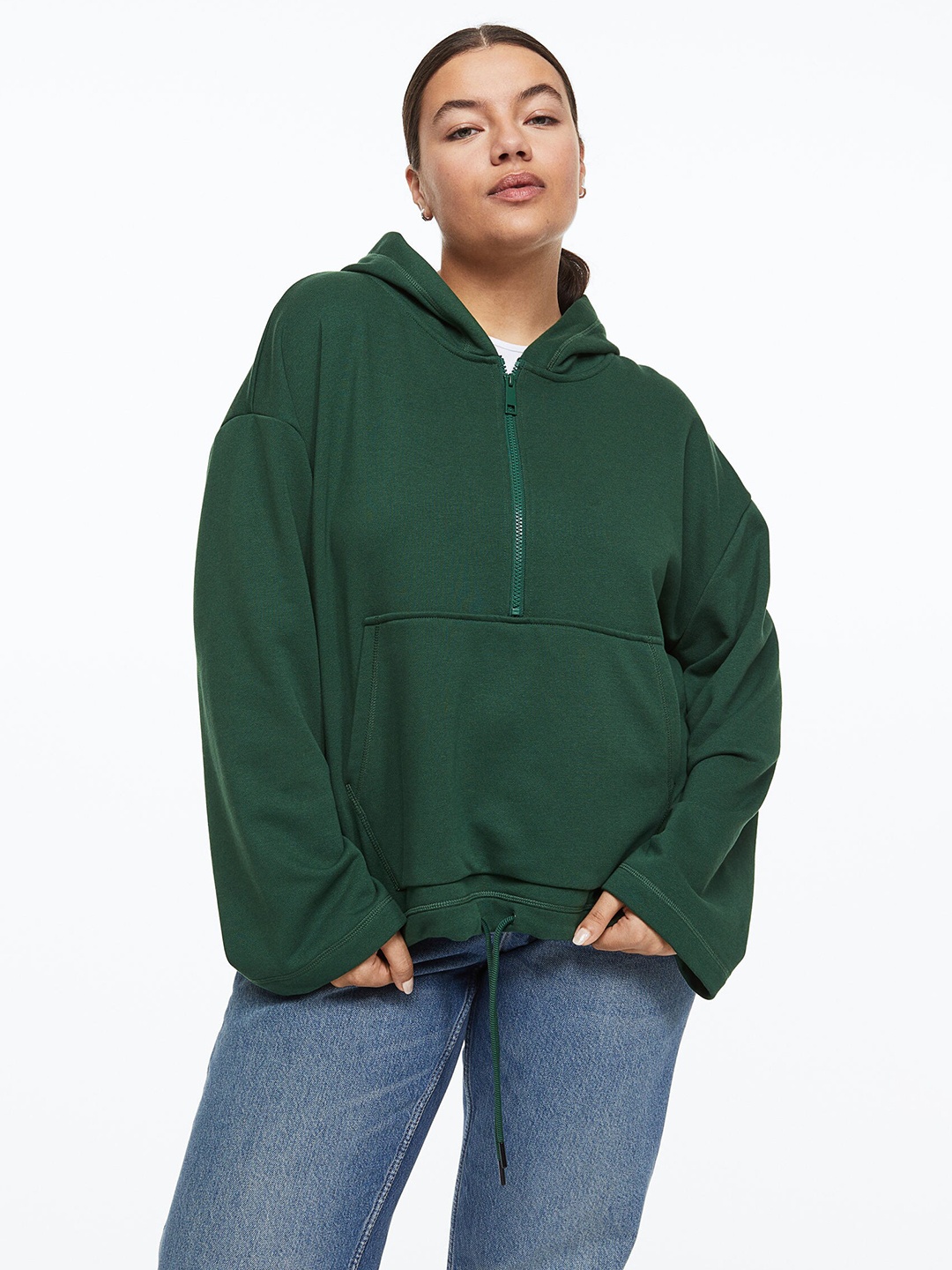 

H&M Women Green Solid Half-Zip Hoodie