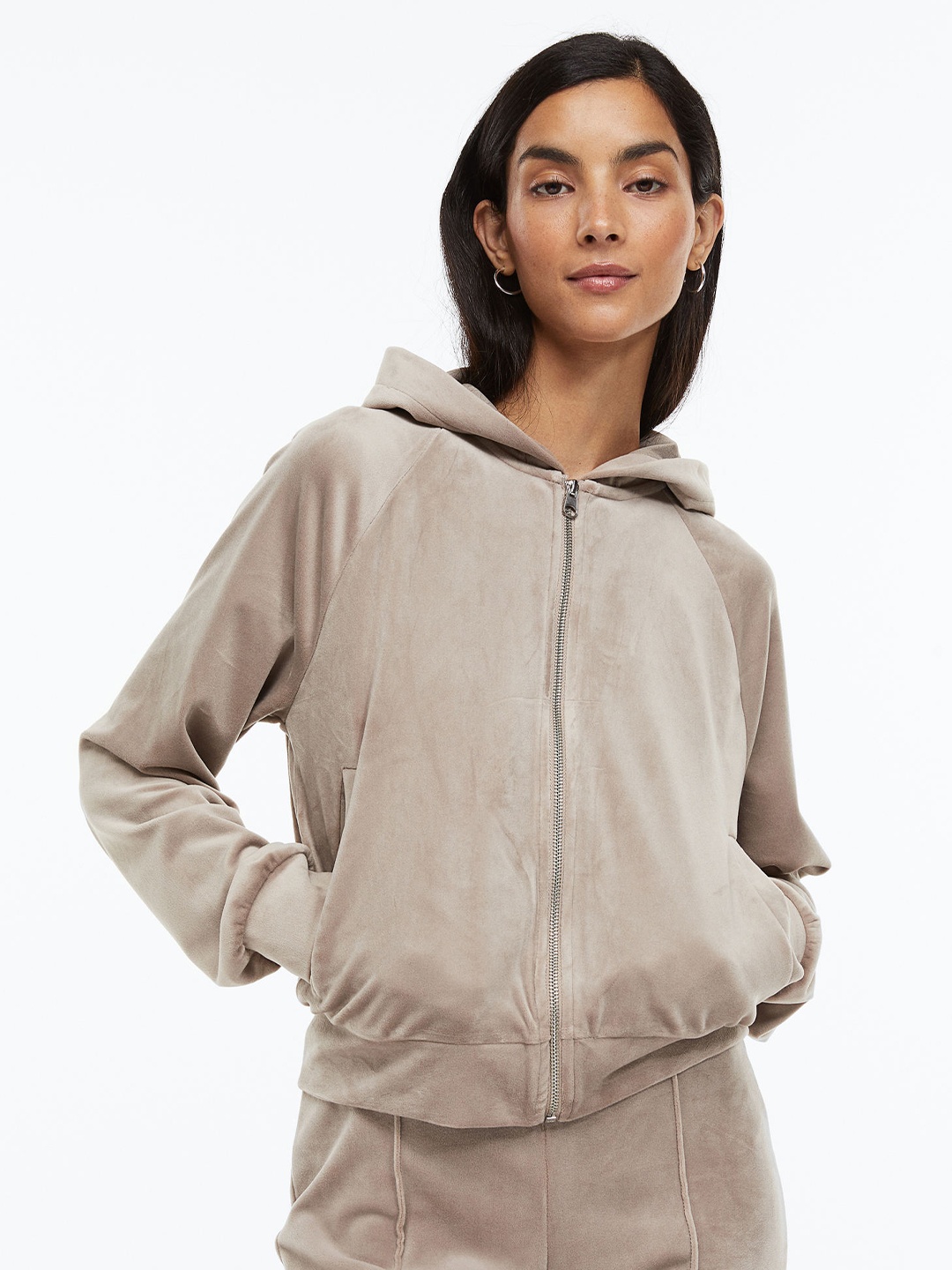 

H&M Woman Beige Velour Zip-Through Hoodie