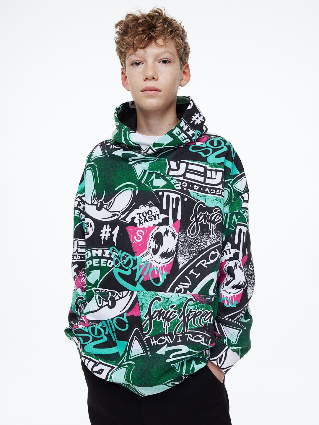 

H&M Boys Green Oversized Printed Hoodie