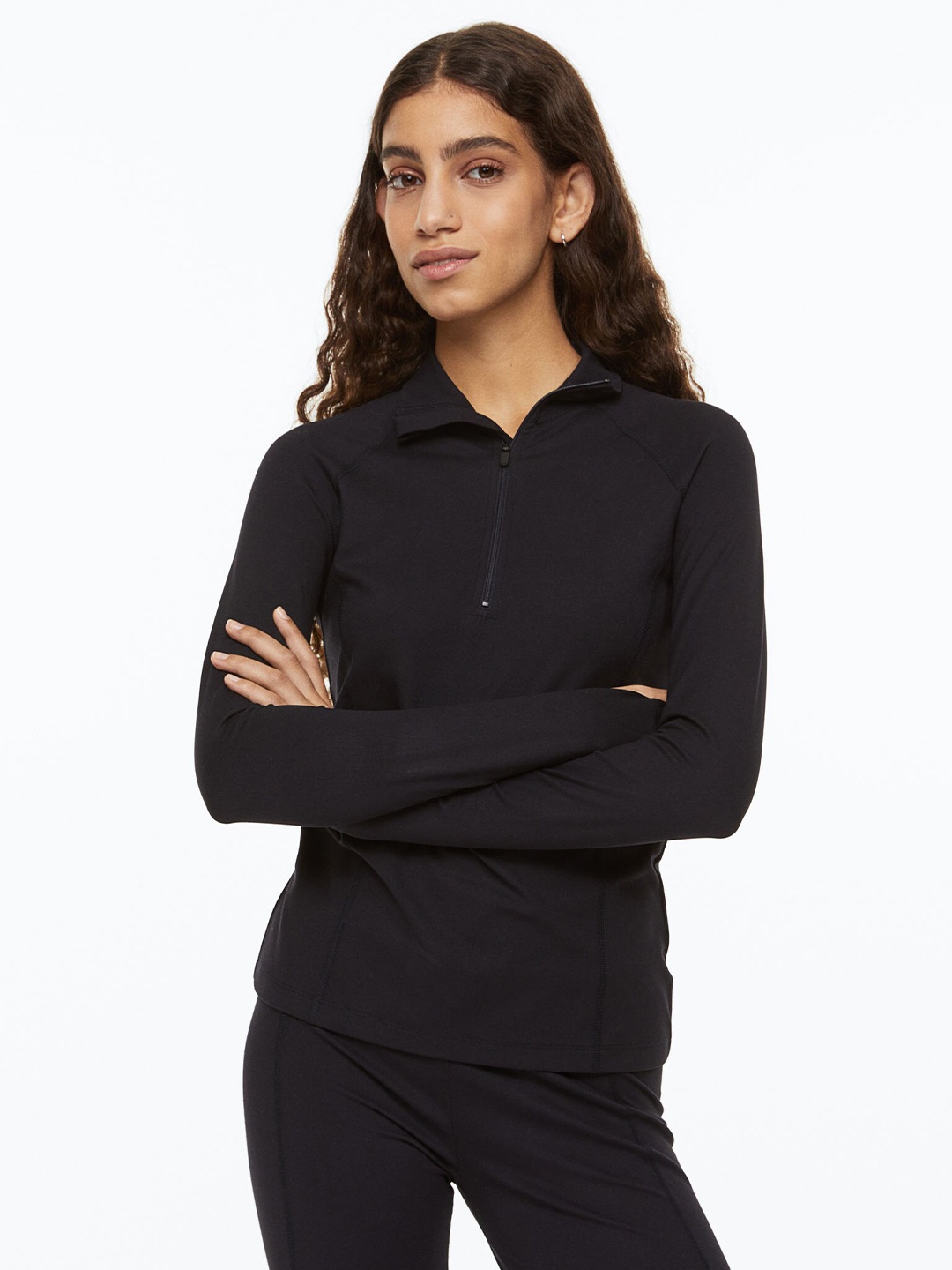

H&M Women Black Zip-Top Fitted Top