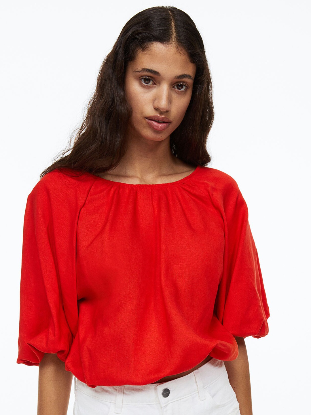 

H&M Women Red Balloon-Sleeved Blouse