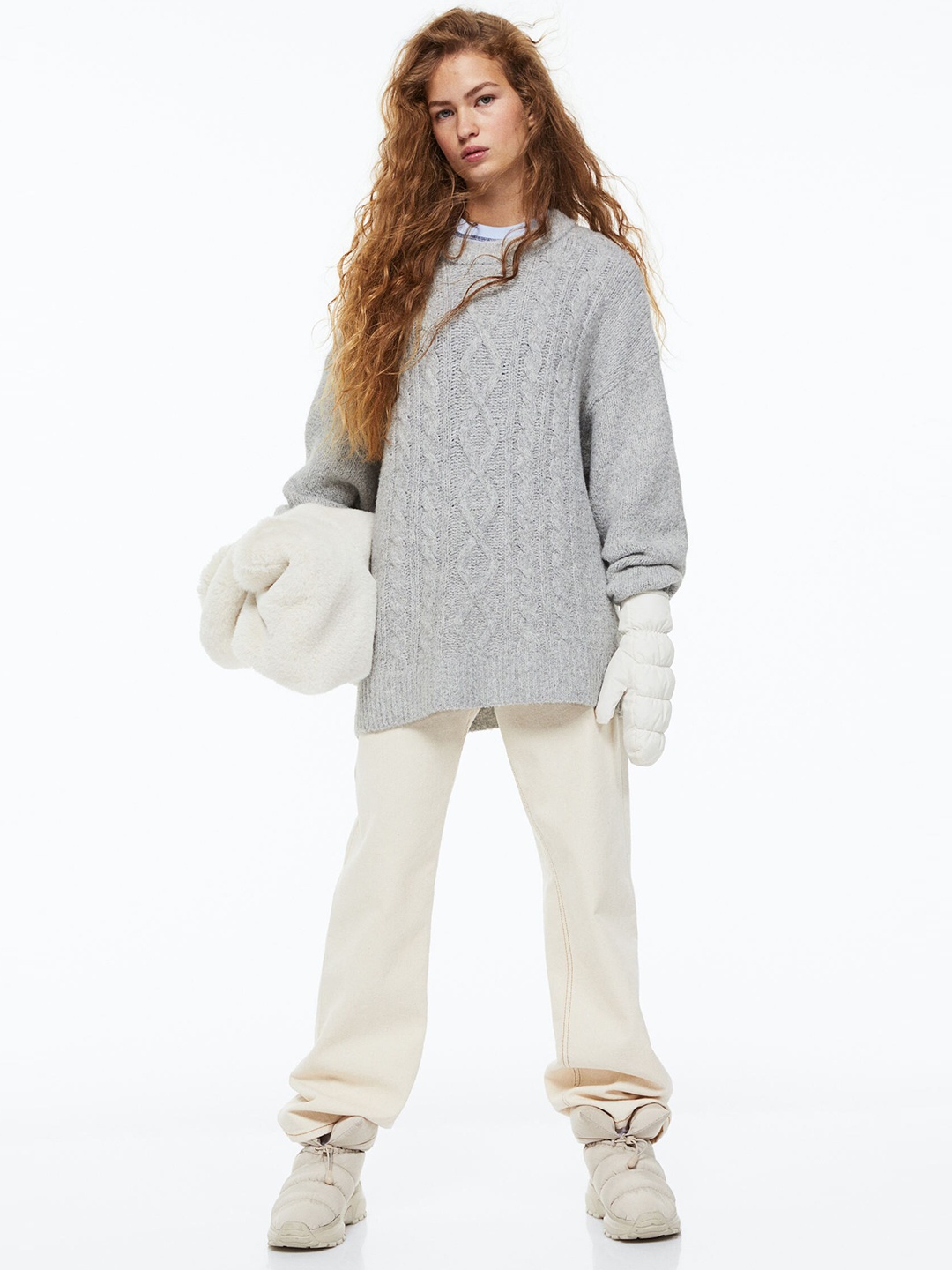 

H&M Women Grey Oversized Cable-Knit Jumper