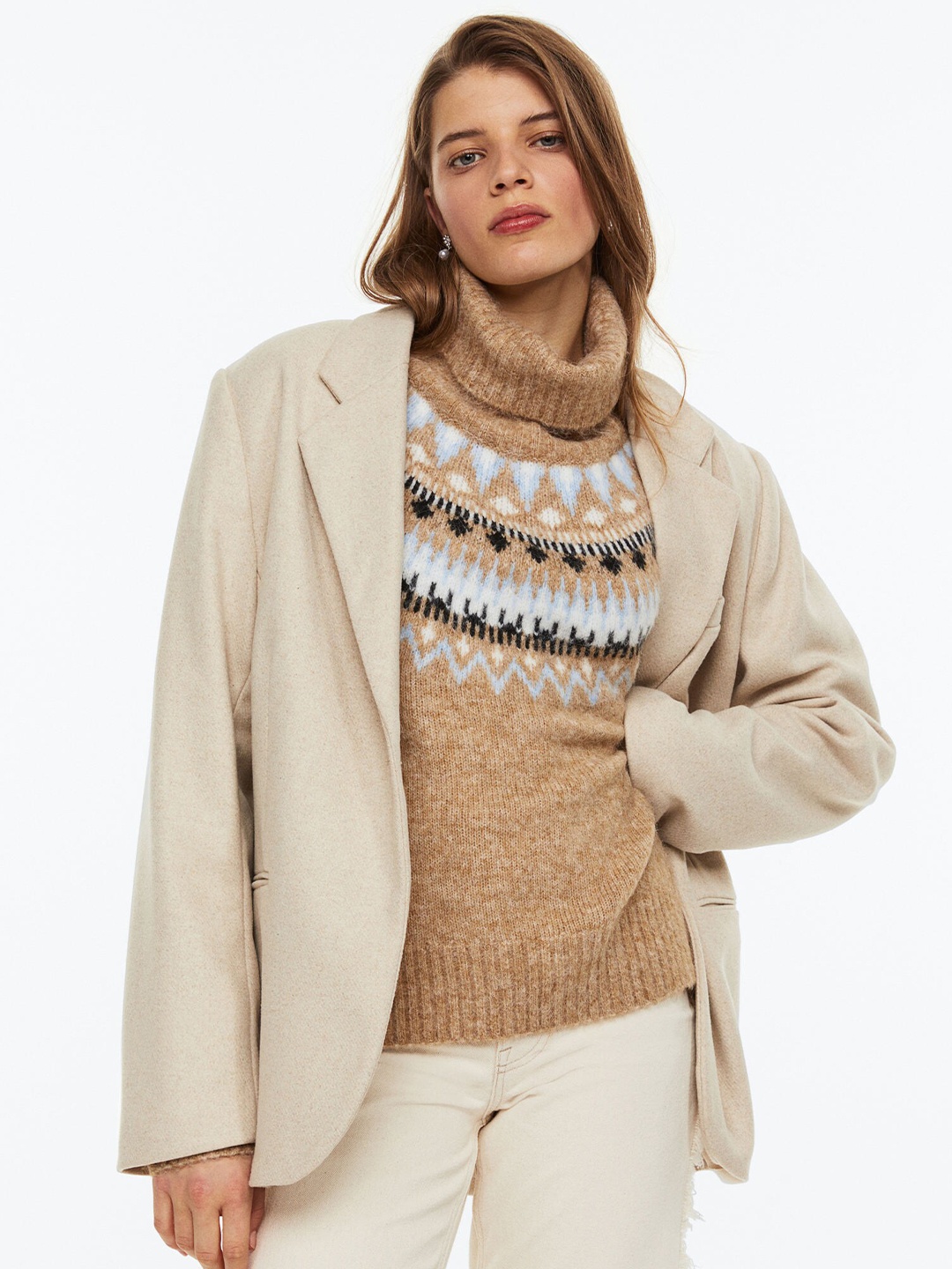 

H&M Women Beige & Black Polo Neck Jumper