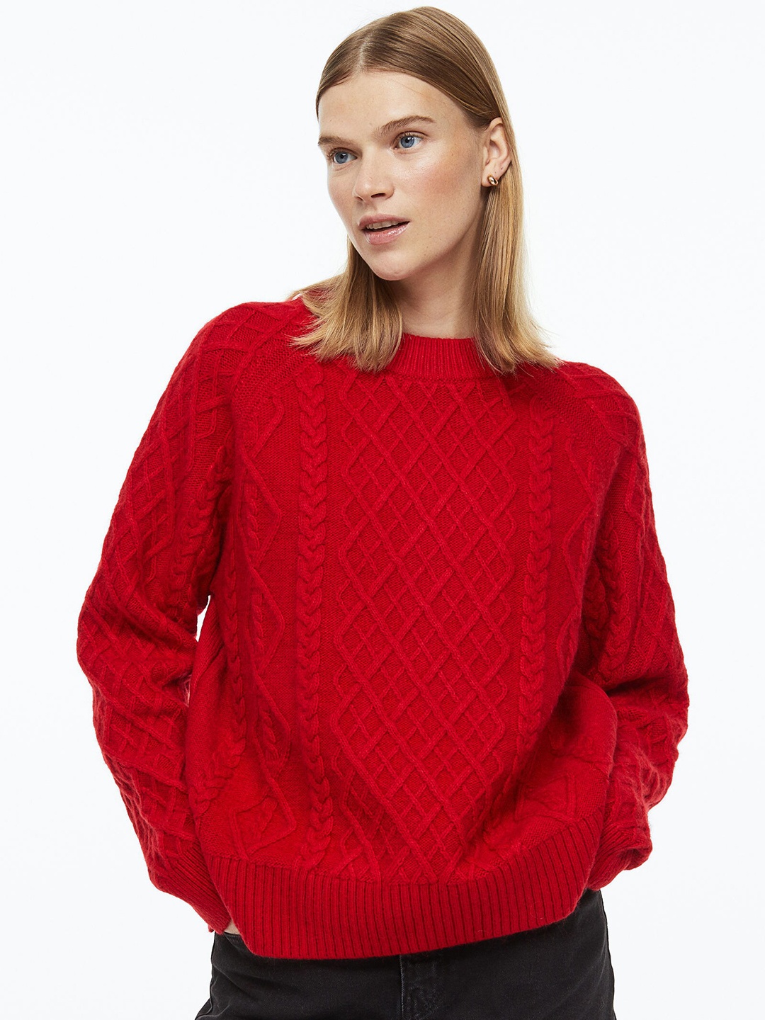 

H&M Women Red Cable-Knit Jumper