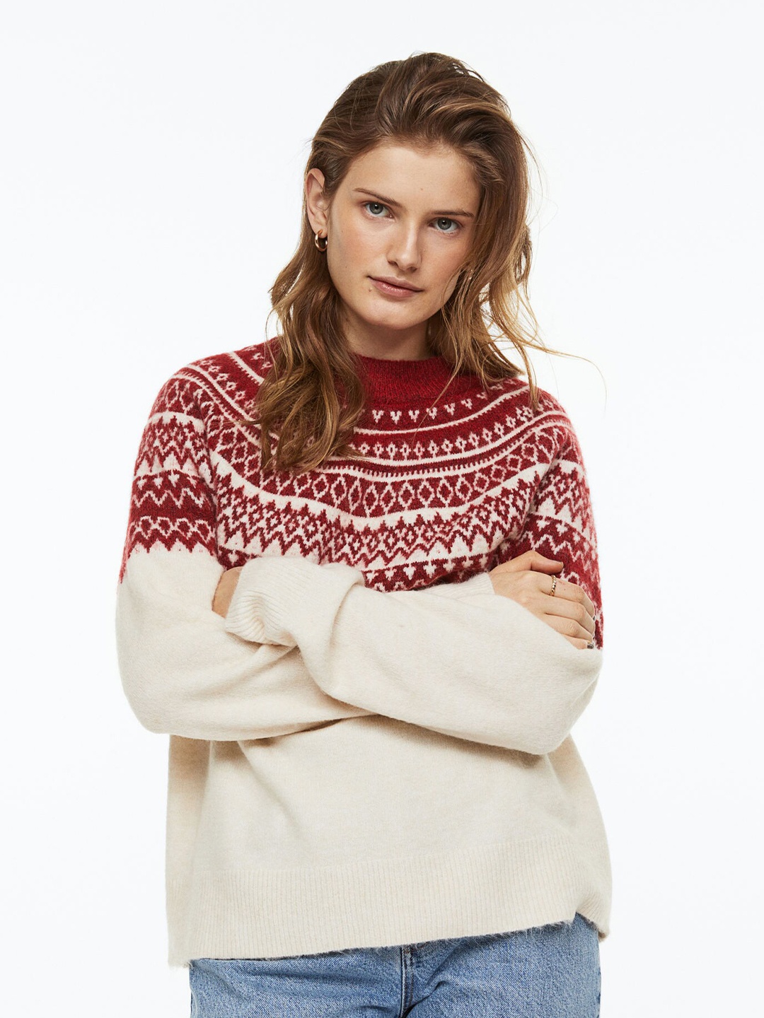 

H&M Women Red & Beige Jacquard-Knit Jumper