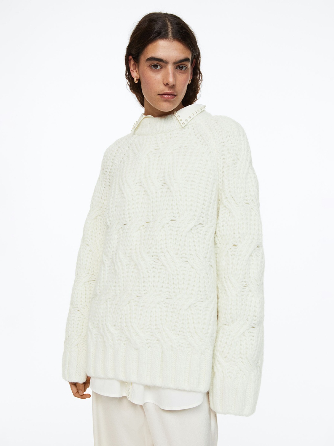 

H&M Women White Oversized Cable-Knit Wool-Blend Jumper