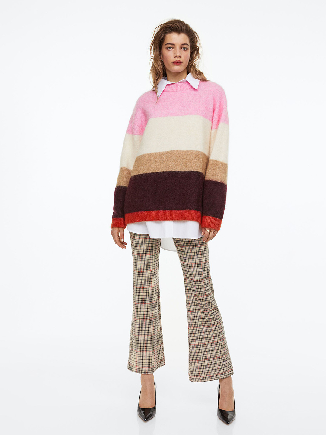 

H&M Women Pink & White Oversized Wool-Blend Jumper