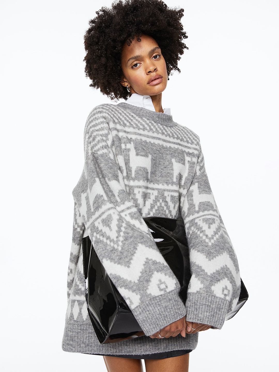 

H&M Women Grey & White Long Jacquard-Knit Jumper